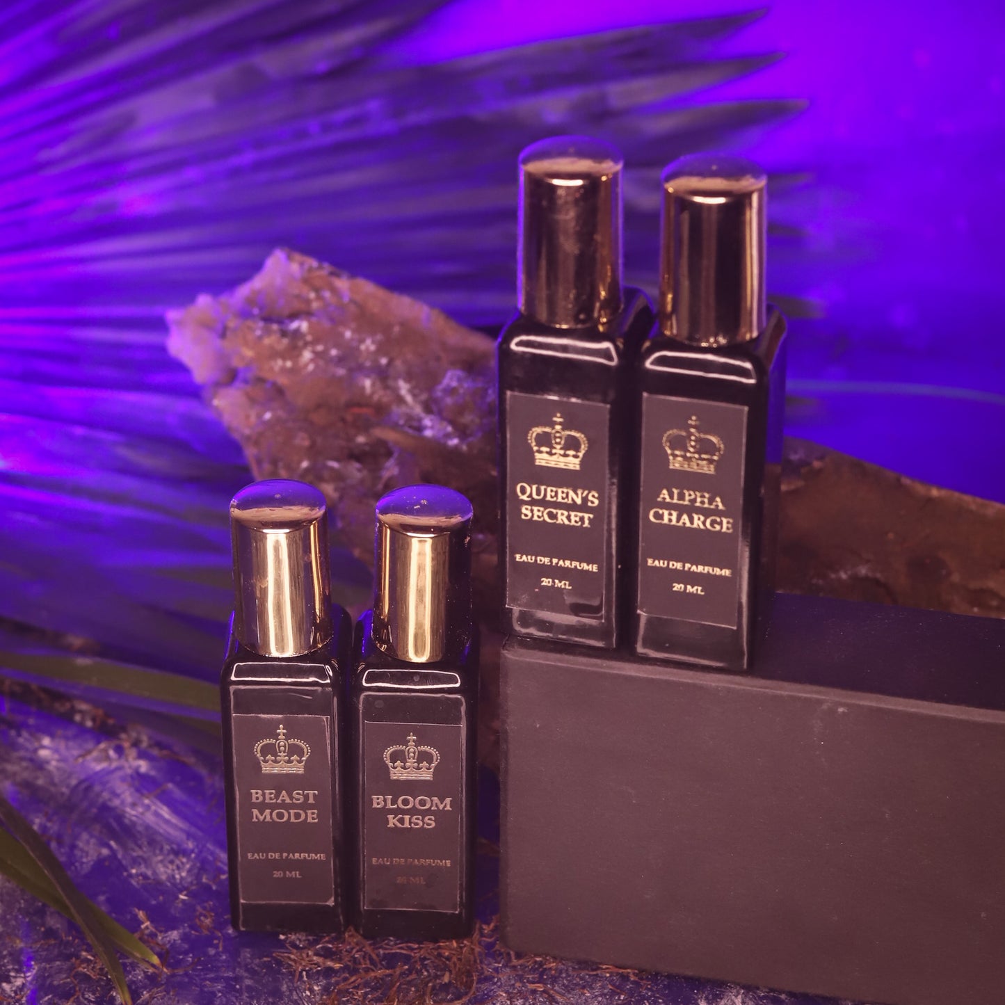 Royal Couples 4 Different Fragrances Beast Mode,Alpha Charge (king) & Bloom Kiss, Queen's Secret (Queen) Eau De Perfume 80ml (20ml × 4pcs) by Crown's Queue
