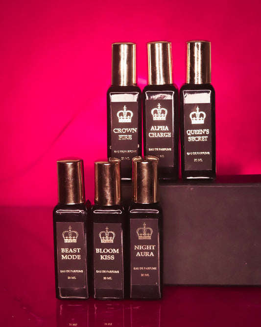 Pack of 6 Different Fragrances Queen's Secret & Bloom Kiss for Women, Alpha Charge & Beast Mode for Men, Crown Fire & Night Aura for Women and Men Eau De Perfume 120ml (20ml×6pcs) by Crown's Queue
