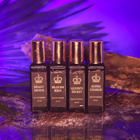 Royal Couples 4 Different Fragrances Beast Mode,Alpha Charge (king) & Bloom Kiss, Queen's Secret (Queen) Eau De Perfume 80ml (20ml × 4pcs) by Crown's Queue