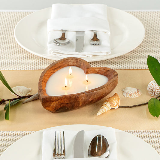 Wooden Heart-Shaped Bowl 3-Wick Candle Holder, Decorative Wax Container, 6 * 6 inches Size, 150 grm