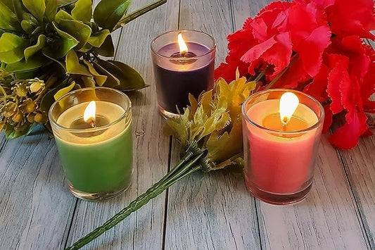 Colored Scented Glass Votive Candle - Set of 4 with Fruity & Floral Fragrance | Combo Includes Jasmine & Rose, Green Apple and Strawberry