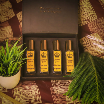 Crown's Queue 4 in 1 Gift set Royal Touch ( Unisex), Pure Focus(Unisex), Fresh Avenue(Unisex), Golden Hours(Unisex)