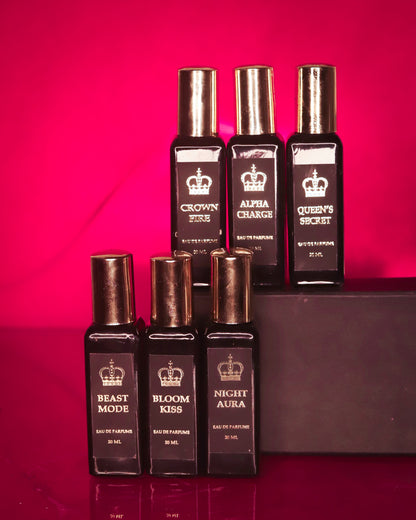 Pack of 6 Different Fragrances Queen's Secret & Bloom Kiss for Women, Alpha Charge & Beast Mode for Men, Crown Fire & Night Aura for Women and Men Eau De Perfume 120ml (20ml×6pcs) by Crown's Queue