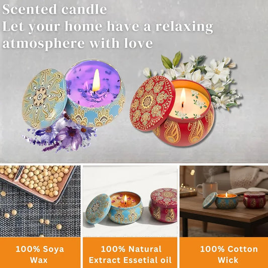 Luxury Scented Candles with Reusable Mandala Printed Tin Can Set of 4 in Rose, Vanilla, Lavender & Jasmine Fragrance
