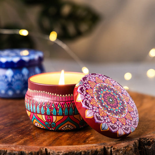 Luxury Scented Candles with Reusable Mandala Printed Tin Can Set - 100% Natural Soy Wax, Long-Lasting Aromatherapy Candles for Relief and Home Decor, Lavender & Jasmine Fragrance (Pack of 2)
